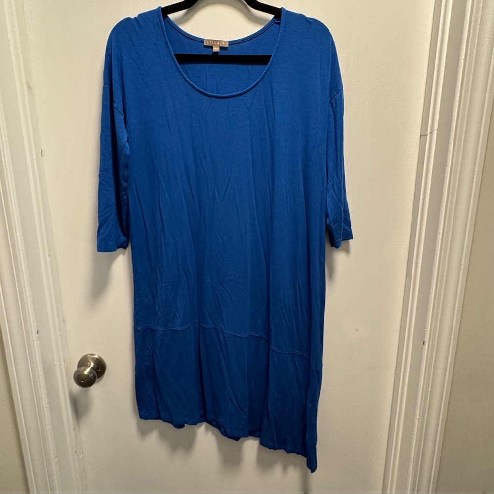 Lilla P Women Comfort Shift Blue Asymmetric Hem Dress Size Small Blue 3/4 Sleeve